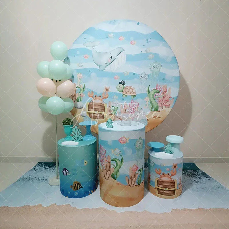 Aperturee - Aperturee Colorful Underwater Ocean Adventure Round Backdrop Kit with Friendly Whale and Pirate Turtle Baby Shower Party Decor