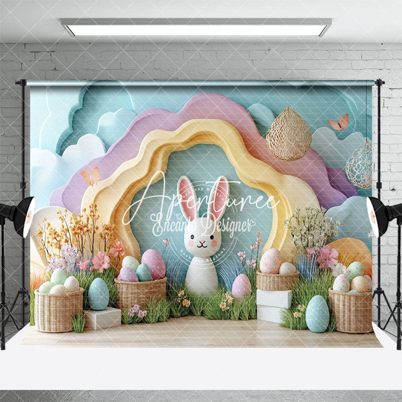 Aperturee - Aperturee Colorful Wall Bunny Egg Floral Easter Photo Backdrop
