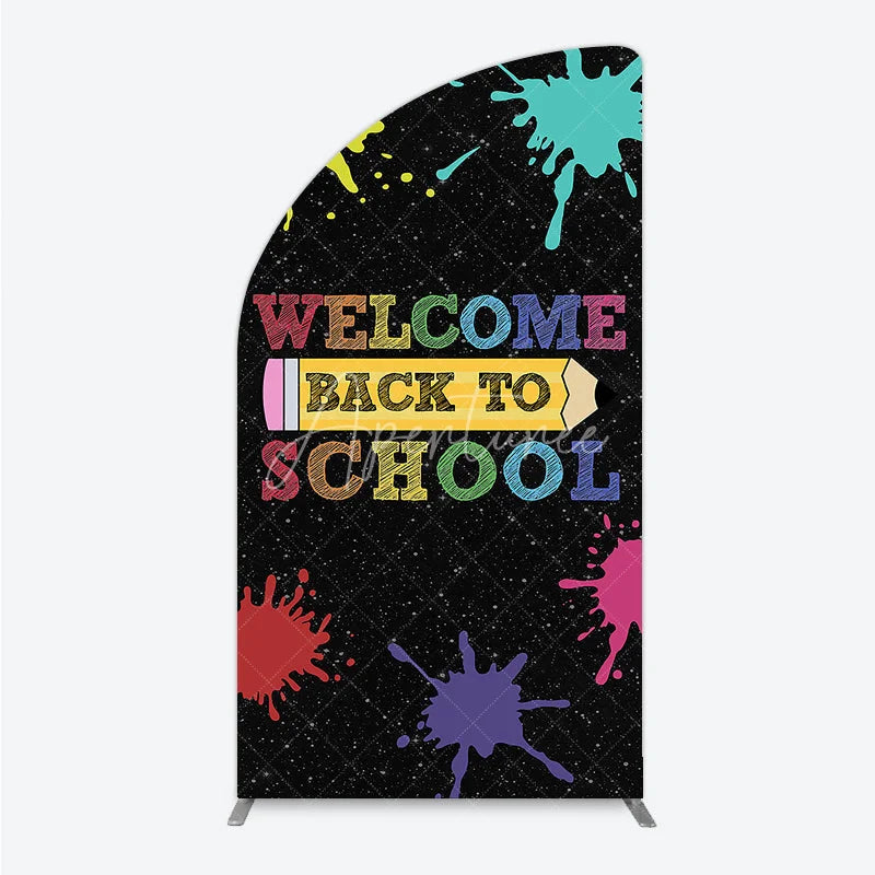 Aperturee - Aperturee Colorful Welcome Back to School Half Moon Arch Backdrop with Yellow Pencil and Paint Splashes for Classroom Decor