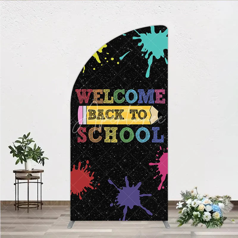 Aperturee - Aperturee Colorful Welcome Back to School Half Moon Arch Backdrop with Yellow Pencil and Paint Splashes for Classroom Decor
