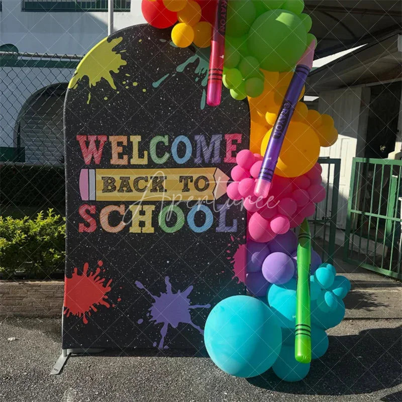 Aperturee - Aperturee Colorful Welcome Back To School Round Top Arch Backdrop with Paint Splatters and Pencil Design Fun Educational Decor