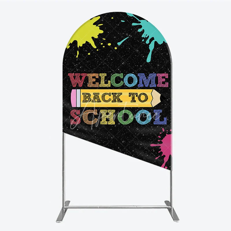 Aperturee - Aperturee Colorful Welcome Back To School Round Top Arch Backdrop with Paint Splatters and Pencil Design Fun Educational Decor