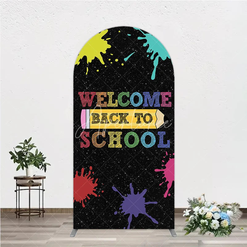 Aperturee - Aperturee Colorful Welcome Back To School Round Top Arch Backdrop with Paint Splatters and Pencil Design Fun Educational Decor