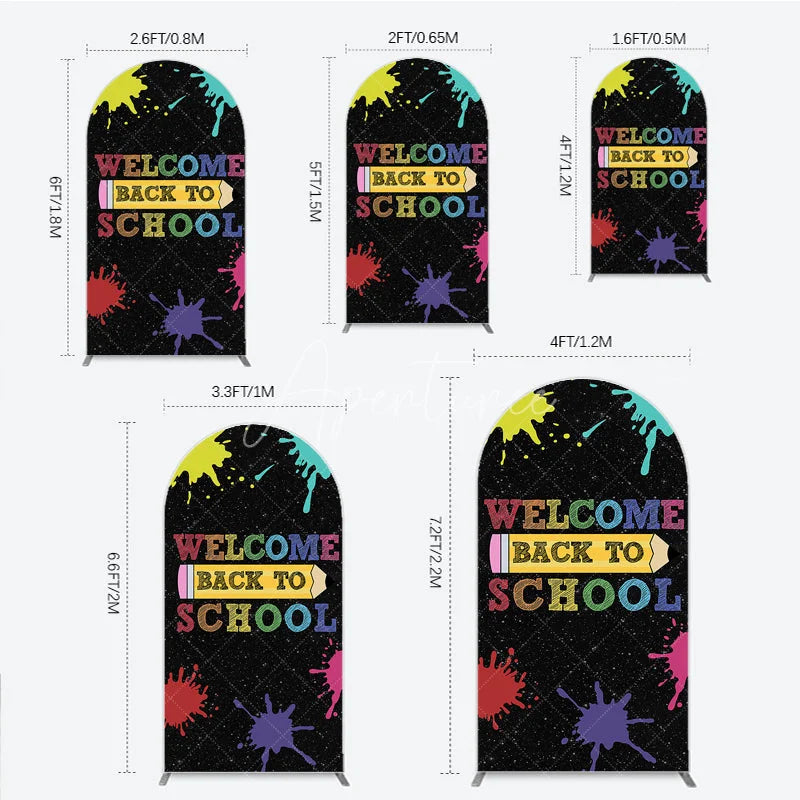 Aperturee - Aperturee Colorful Welcome Back To School Round Top Arch Backdrop with Paint Splatters and Pencil Design Fun Educational Decor
