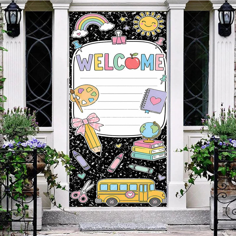 Aperturee - Aperturee Colorful Welcome School Supplies Door Cover featuring Rainbow Sun Books and School Bus for Classroom