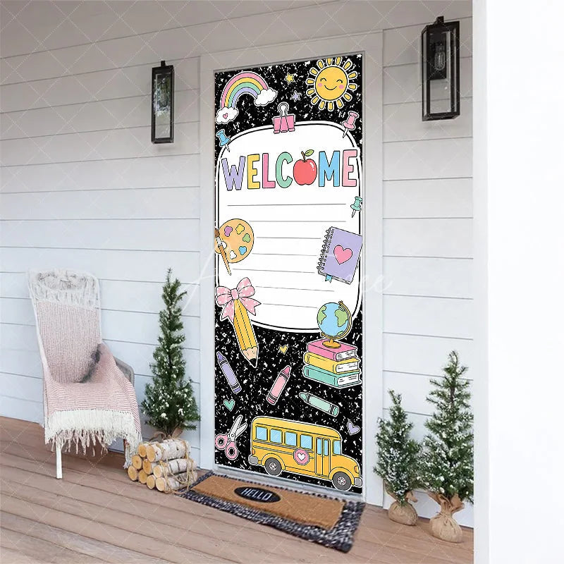 Aperturee - Aperturee Colorful Welcome School Supplies Door Cover featuring Rainbow Sun Books and School Bus for Classroom