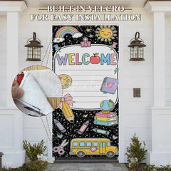 Aperturee - Aperturee Colorful Welcome School Supplies Door Cover featuring Rainbow Sun Books and School Bus for Classroom