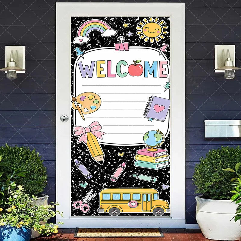 Aperturee - Aperturee Colorful Welcome School Supplies Door Cover featuring Rainbow Sun Books and School Bus for Classroom
