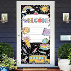 Aperturee - Aperturee Colorful Welcome School Supplies Door Cover featuring Rainbow Sun Books and School Bus for Classroom