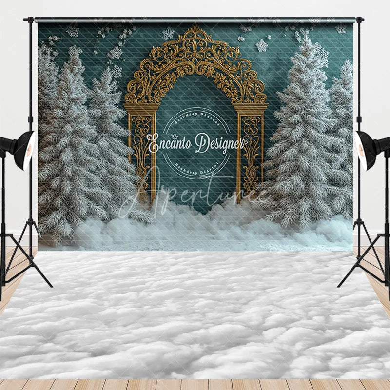 Aperturee - Aperturee Combo Set Backdrop Luxury Teal Wall Gold Arch Winter Snow Floor Background Elegant Christmas Wedding Photo Booth