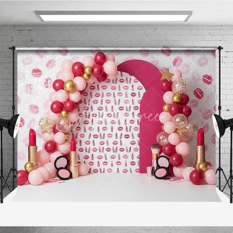 Aperturee - Aperturee Combo Set Backdrop Pink Makeup Theme with Lipsticks and Balloons for Girls Birthday Party Decoration