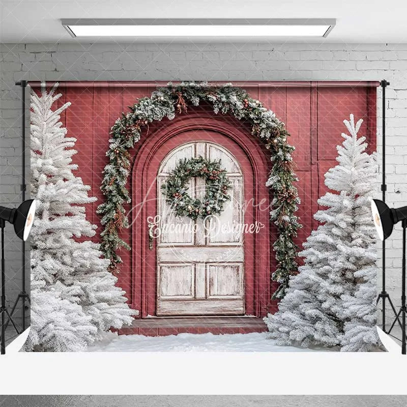 Aperturee - Aperturee Combo Set Backdrop Red Barn Door White Pine Tree Snow Floor Background Rustic Winter Christmas Holiday Photo Booth