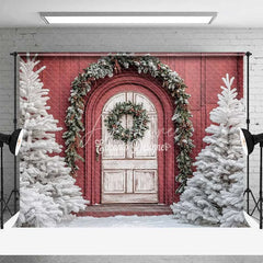 Aperturee - Aperturee Combo Set Backdrop Red Barn Door White Pine Tree Snow Floor Background Rustic Winter Christmas Holiday Photo Booth