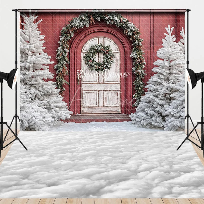 Aperturee - Aperturee Combo Set Backdrop Red Barn Door White Pine Tree Snow Floor Background Rustic Winter Christmas Holiday Photo Booth