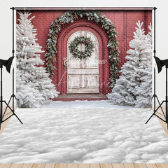 Aperturee - Aperturee Combo Set Backdrop Red Barn Door White Pine Tree Snow Floor Background Rustic Winter Christmas Holiday Photo Booth