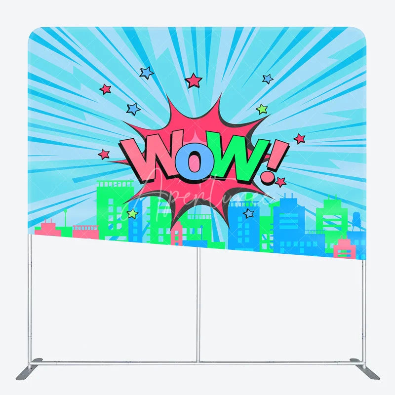 Aperturee - Aperturee Comic City Pop Art Double Sided Backdrop ’WOW!’ Cartoon Buildings Colorful Urban Theme Party Decor