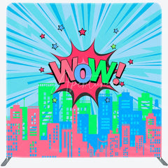 Aperturee - Aperturee Comic City Pop Art Double Sided Backdrop ’WOW!’ Cartoon Buildings Colorful Urban Theme Party Decor