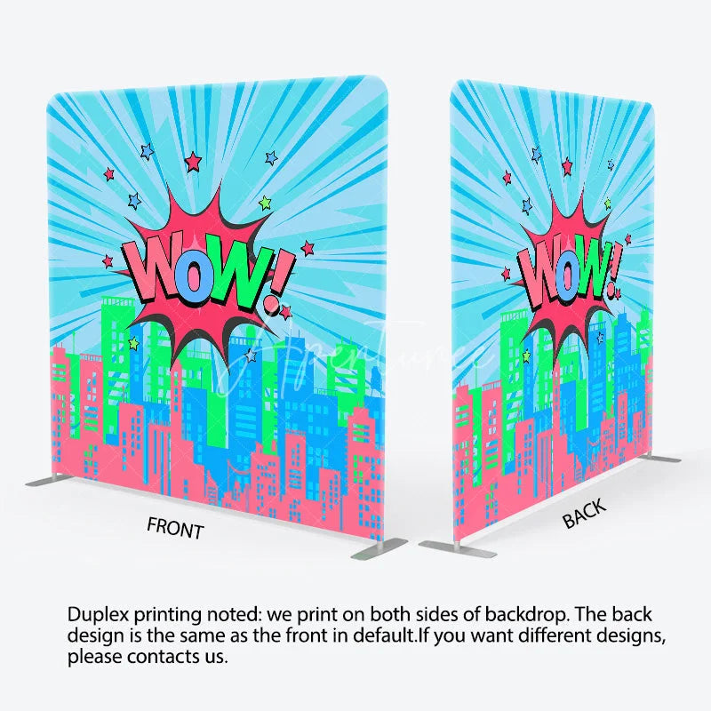 Aperturee - Aperturee Comic City Pop Art Double Sided Backdrop ’WOW!’ Cartoon Buildings Colorful Urban Theme Party Decor