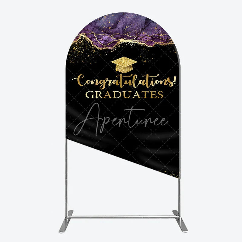 Aperturee - Aperturee Congratulations Graduates Arch Backdrop in Black and Gold Purple Agate with Glitter Elegant Grad Party Photo Booth