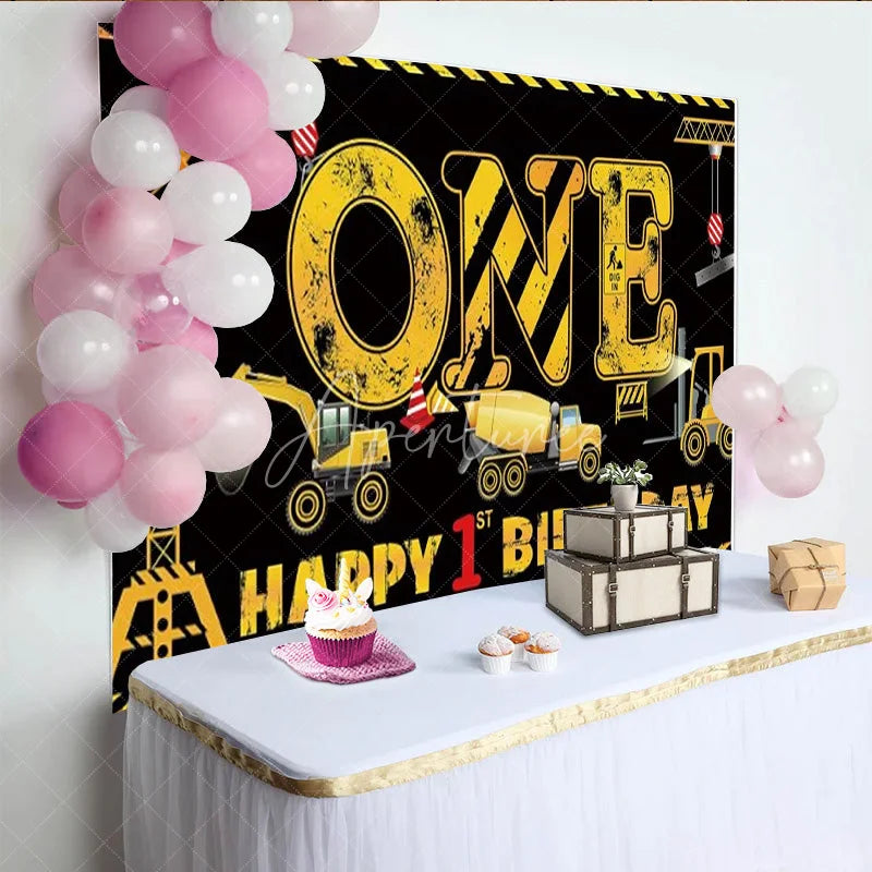Aperturee - Aperturee Construction 1st Birthday Backdrop ONE Dump Truck Excavator Banner Boys First Birthday Party Supplies Photo Prop