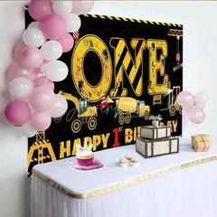 Aperturee - Aperturee Construction 1st Birthday Backdrop ONE Dump Truck Excavator Banner Boys First Birthday Party Supplies Photo Prop