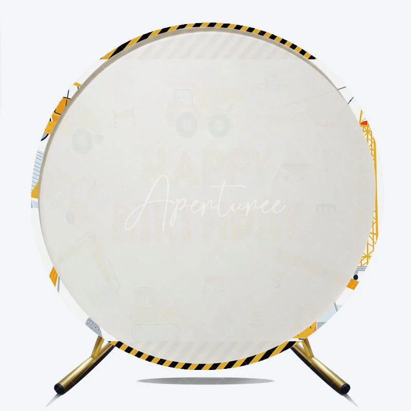 Aperturee - Aperturee Construction Vehicles Happy Birthday Round Backdrop Excavator Crane and Truck Boy Birthday Background