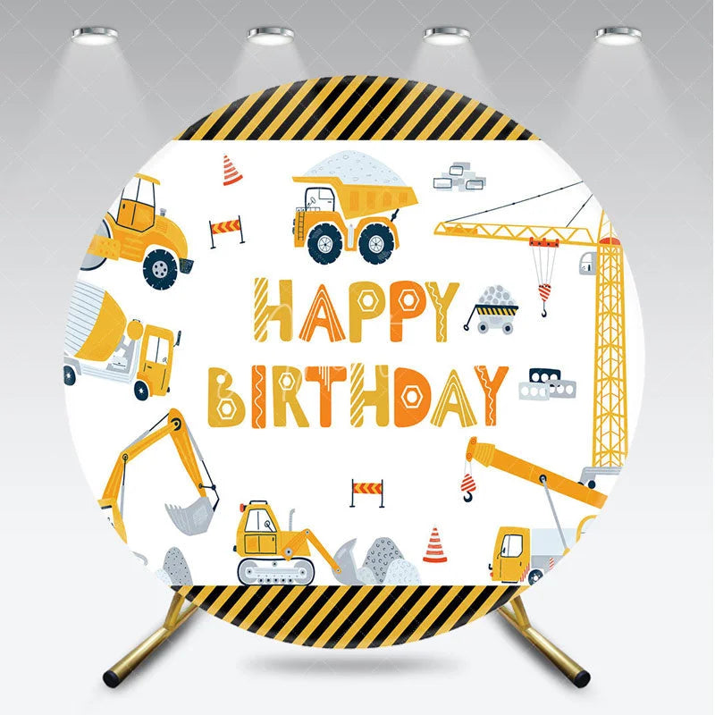 Aperturee - Aperturee Construction Vehicles Happy Birthday Round Backdrop Excavator Crane and Truck Boy Birthday Background