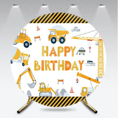 Aperturee - Aperturee Construction Vehicles Happy Birthday Round Backdrop Excavator Crane and Truck Boy Birthday Background