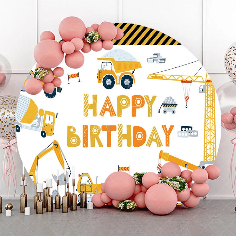 Aperturee - Aperturee Construction Vehicles Happy Birthday Round Backdrop Excavator Crane and Truck Boy Birthday Background