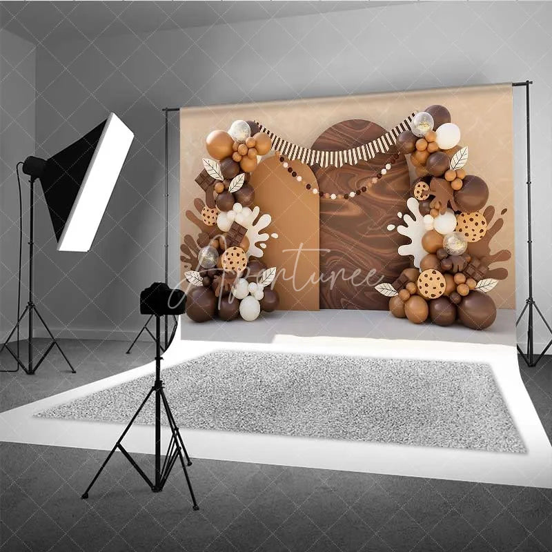 Aperturee - Aperturee Cookies and Milk Photography Backdrop Brown Balloons and Chocolate Party Banner