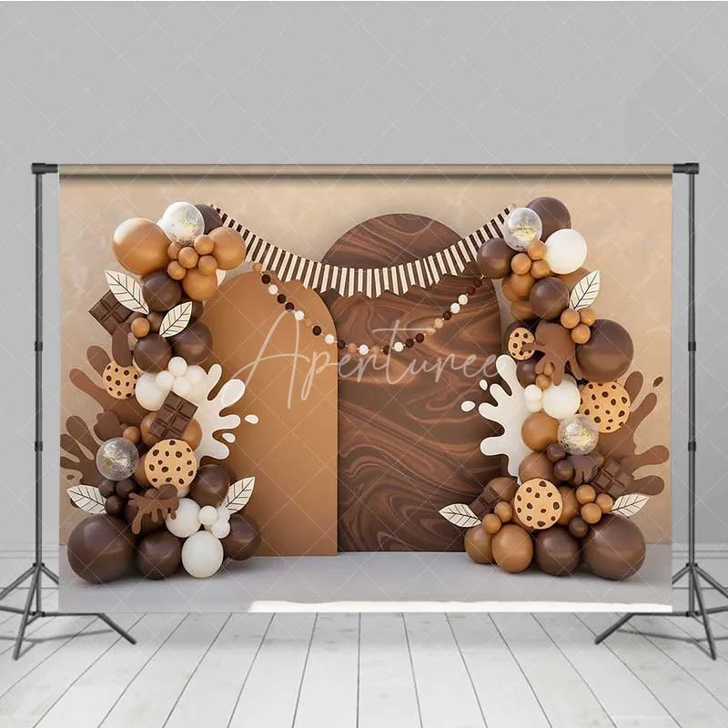 Aperturee - Aperturee Cookies and Milk Photography Backdrop Brown Balloons and Chocolate Party Banner