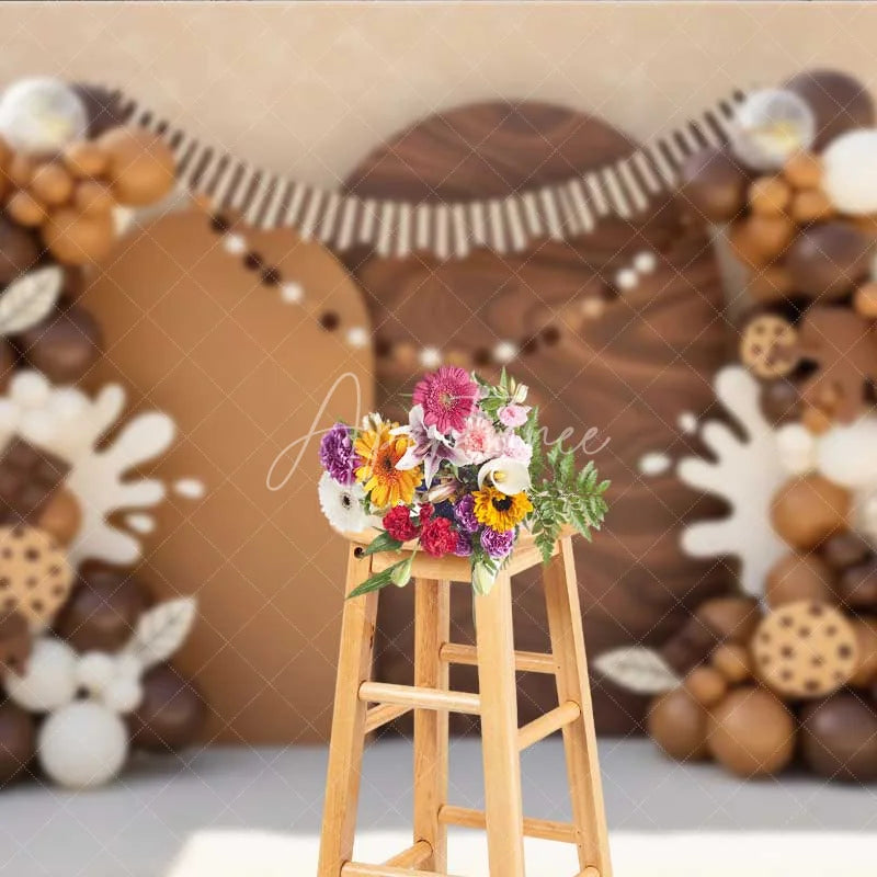 Aperturee - Aperturee Cookies and Milk Photography Backdrop Brown Balloons and Chocolate Party Banner