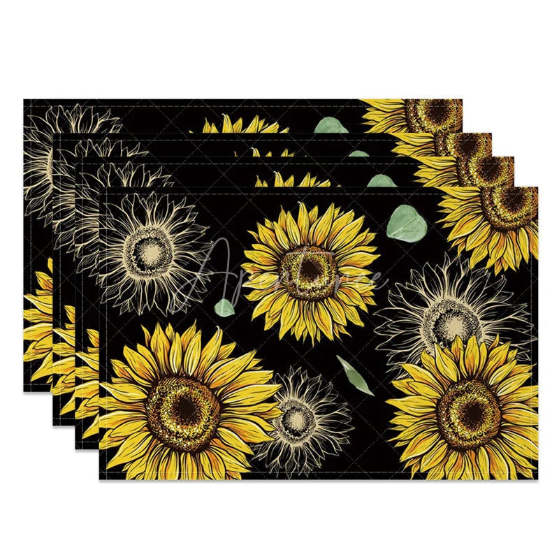 Aperturee - Aperturee Country Style Black Sunflower Set of 4 Placemats for Modern Farmhouse and Rustic Kitchen Decor