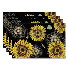 Aperturee - Aperturee Country Style Black Sunflower Set of 4 Placemats for Modern Farmhouse and Rustic Kitchen Decor
