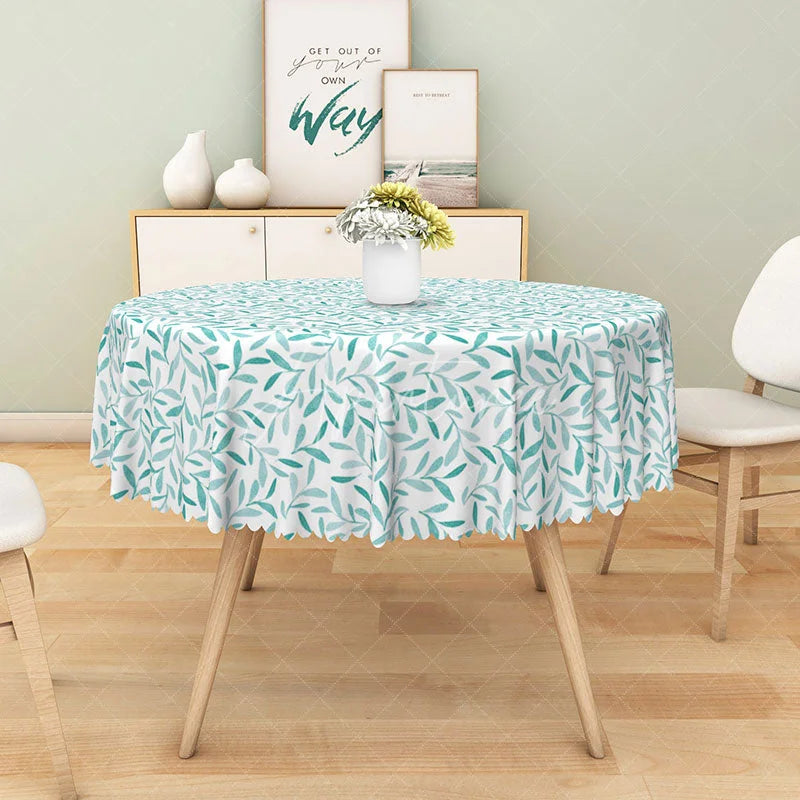 Aperturee - Aperturee Country Style Round Tablecloth with Green Leaf Motif on White for Rustic Farmhouse Kitchen Dining