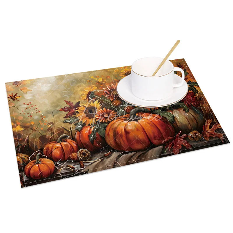 Aperturee - Aperturee Country Style Sunflower and Pumpkin Set of 4 Placemats for Fall Autumn and Thanksgiving Table Decor