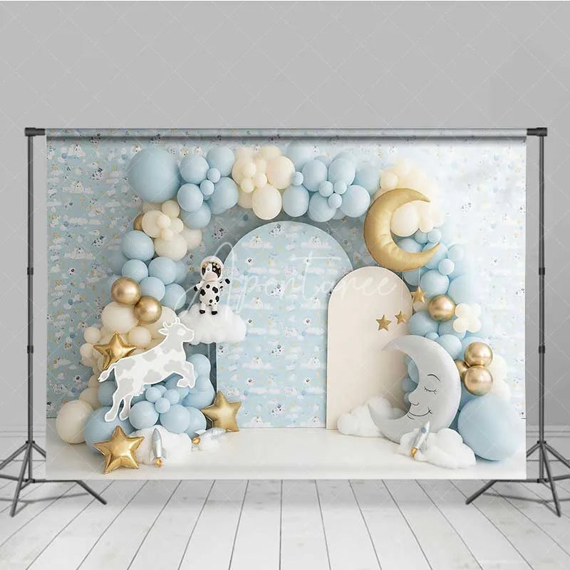 Aperturee - Aperturee Cow Jumped Over The Moon Photography Backdrop Space Rocket Party Banner