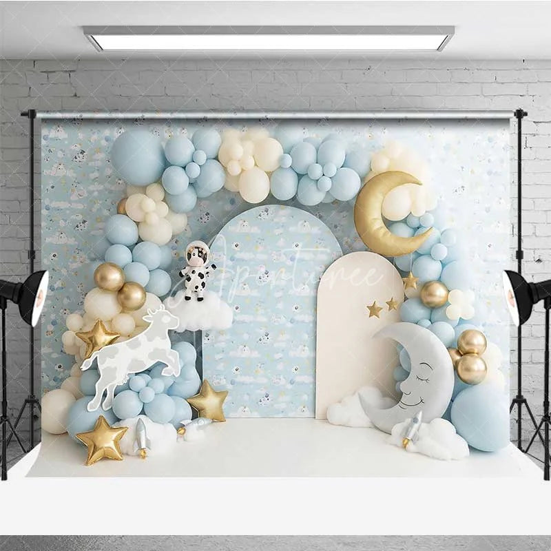 Aperturee - Aperturee Cow Jumped Over The Moon Photography Backdrop Space Rocket Party Banner