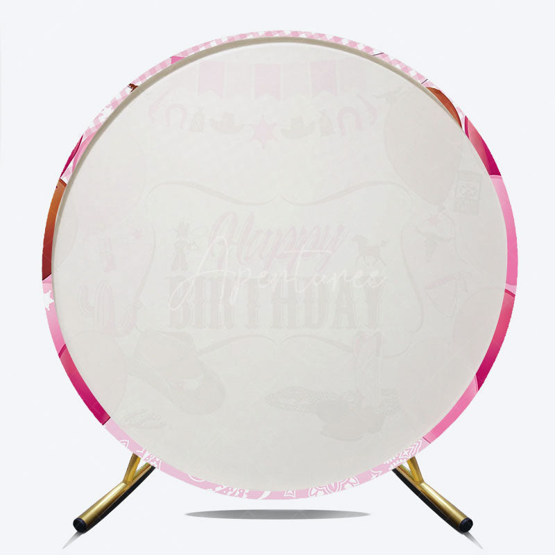 Aperturee - Aperturee Cowgirl Happy Birthday Round Backdrop for Girl Pink Western Theme with Cowboy Boots Gingham Party Decor