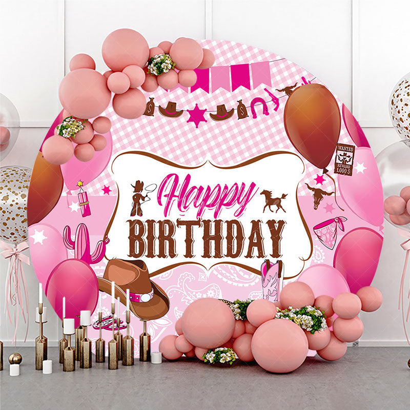 Aperturee - Aperturee Cowgirl Happy Birthday Round Backdrop for Girl Pink Western Theme with Cowboy Boots Gingham Party Decor