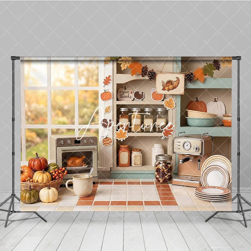 Aperturee - Aperturee Cozy Autumn Kitchen Window Photography Backdrop with Thanksgiving Pumpkins and Roasted Turkey Fall Harvest Decor