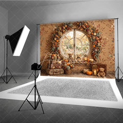 Aperturee - Aperturee Cozy Autumn Round Window Photography Backdrop with Pumpkins Floral Garland and Teddy Bears for Fall Decor
