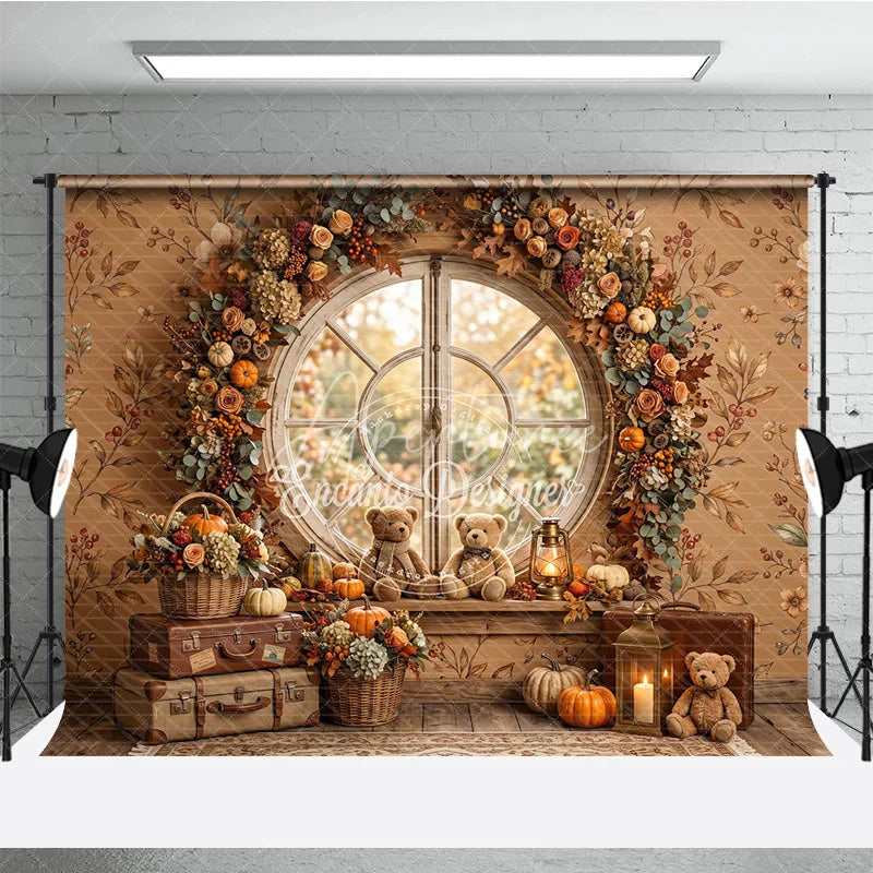 Aperturee - Aperturee Cozy Autumn Round Window Photography Backdrop with Pumpkins Floral Garland and Teddy Bears for Fall Decor