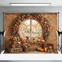 Aperturee - Aperturee Cozy Autumn Round Window Photography Backdrop with Pumpkins Floral Garland and Teddy Bears for Fall Decor