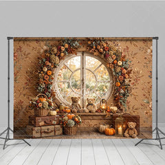Aperturee - Aperturee Cozy Autumn Round Window Photography Backdrop with Pumpkins Floral Garland and Teddy Bears for Fall Decor