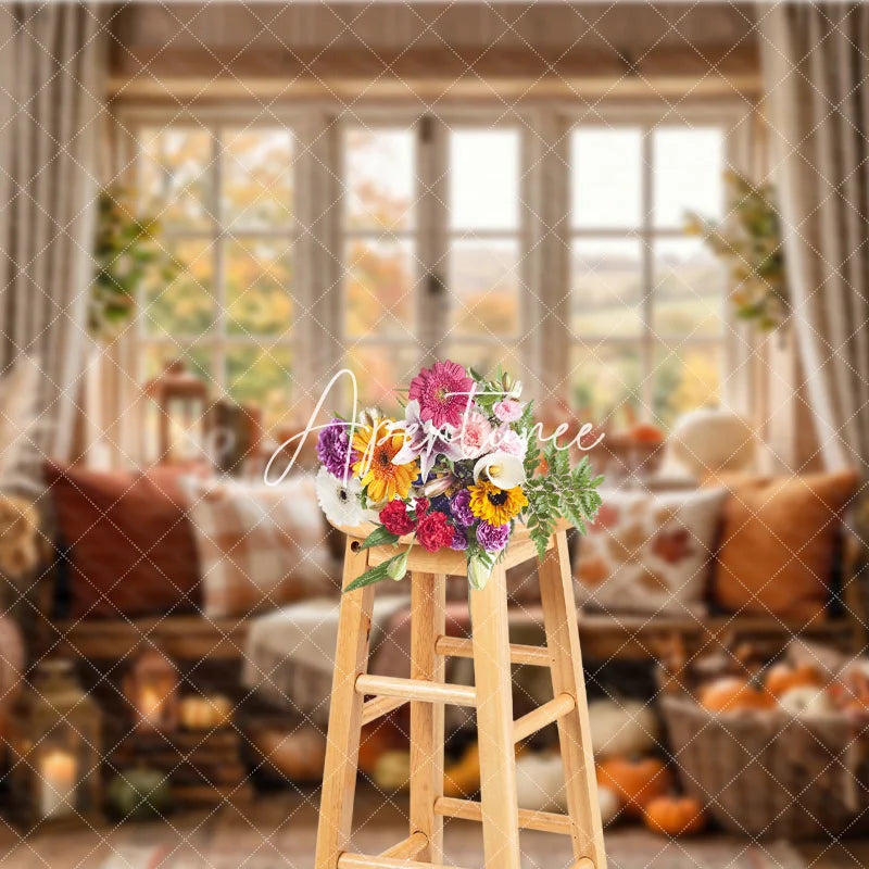 Aperturee - Aperturee Cozy Autumn Window Bench with Pumpkins and Fall Leaves Photography Backdrop Rustic Thanksgiving Harvest Decor
