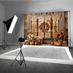 Aperturee - Aperturee Cozy Autumn Window Photography Backdrop with Macrame Valance Rustic Fall Wreath and Pumpkins Decor