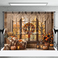 Aperturee - Aperturee Cozy Autumn Window Photography Backdrop with Macrame Valance Rustic Fall Wreath and Pumpkins Decor