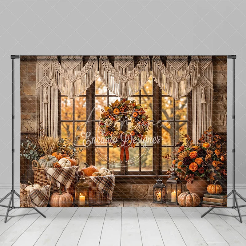 Aperturee - Aperturee Cozy Autumn Window Photography Backdrop with Macrame Valance Rustic Fall Wreath and Pumpkins Decor