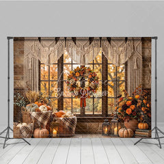 Aperturee - Aperturee Cozy Autumn Window Photography Backdrop with Macrame Valance Rustic Fall Wreath and Pumpkins Decor